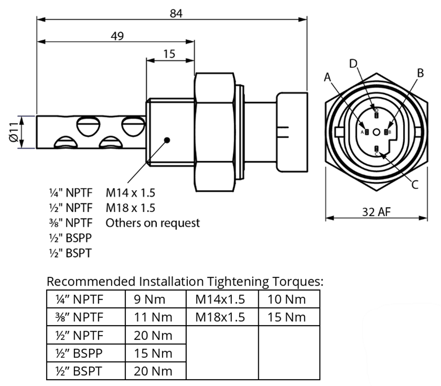 機械図面 - Amphenol Rochester Sensors S286 静電容量式油面レベルスイッチ