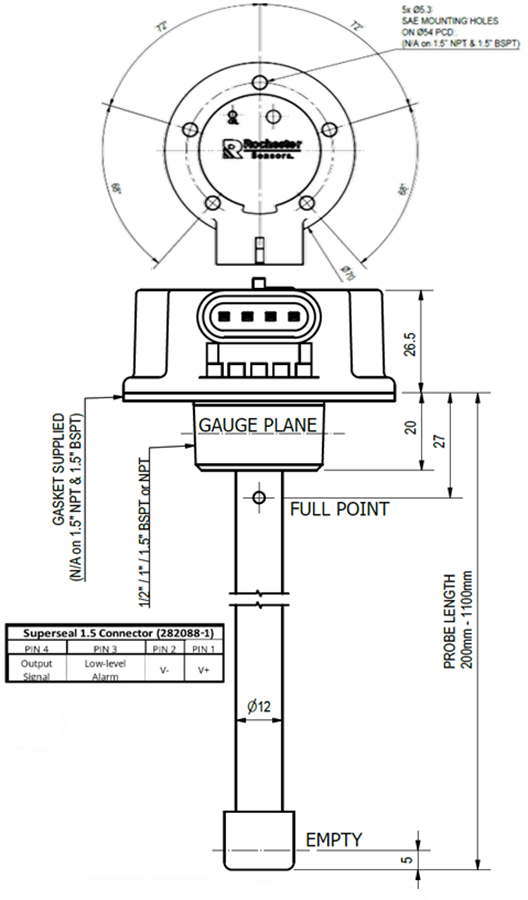 機械図面 - Amphenol Rochester Sensors TLL155 静電容量式燃料レベルセンサ