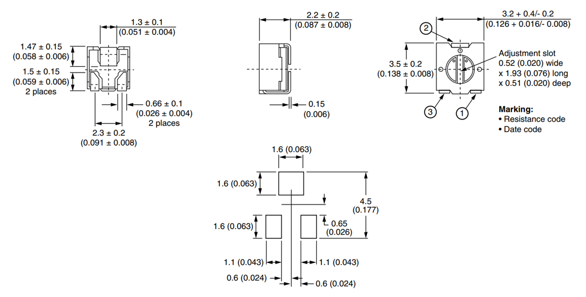 Mechanical Drawing - Vishay / Sfernice TS3Y Surface Mount Miniature Trimmers