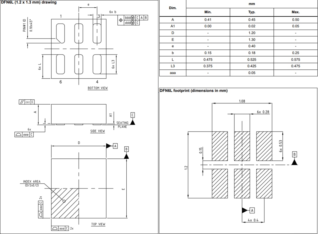 機械図面 - STMicroelectronics LDK120P DFN-6L低ドロップ電圧レギュレーター