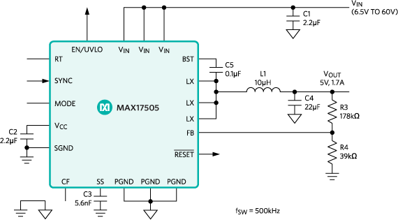 ブロック図 - Analog Devices / Maxim Integrated MAX17505ステップダウンDC-DCコンバーター