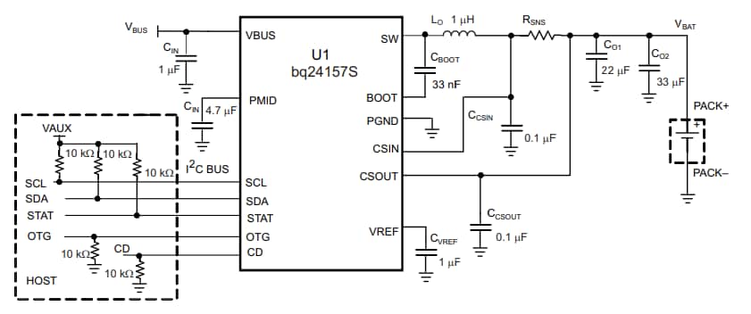 アプリケーション回路図 - Texas Instruments bq24157Sスイッチモード、単セル・リチウムイオン・チャージャIC