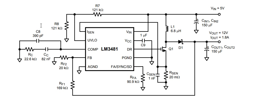 アプリケーション回路図 - Texas Instruments テキサス・インスツルメンツ LM3481 SIMPLE SWITCHER®ローサイドN-FET高性能コントローラ
