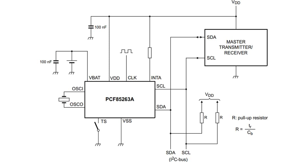 アプリケーション回路図 - NXP Semiconductors PCF85263A 小型リアルタイム クロック/カレンダー