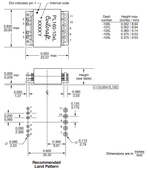 機械図面 - Coilcraft PL160/PL300 SMT平面トランスフォーマー