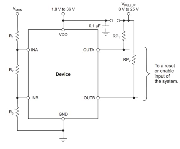アプリケーション回路図 - Texas Instruments TPS3701 36V ウィンドウ・コンパレータ