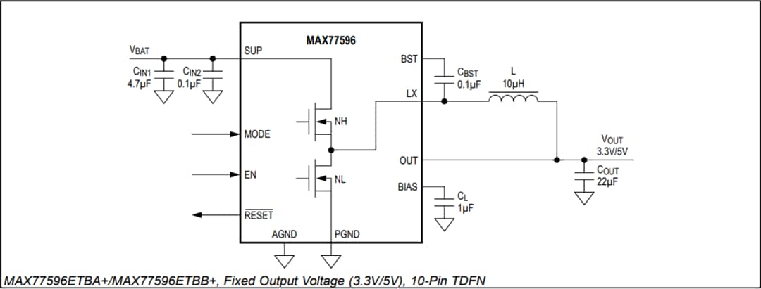 アプリケーション回路図 - Analog Devices / Maxim Integrated MAX77596同期降圧型コンバータ