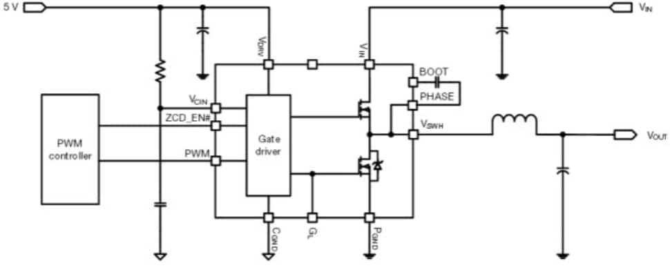 アプリケーション回路図 - Vishay Semiconductors SiC5xxシリーズ統合型DrMOSパワーステージ