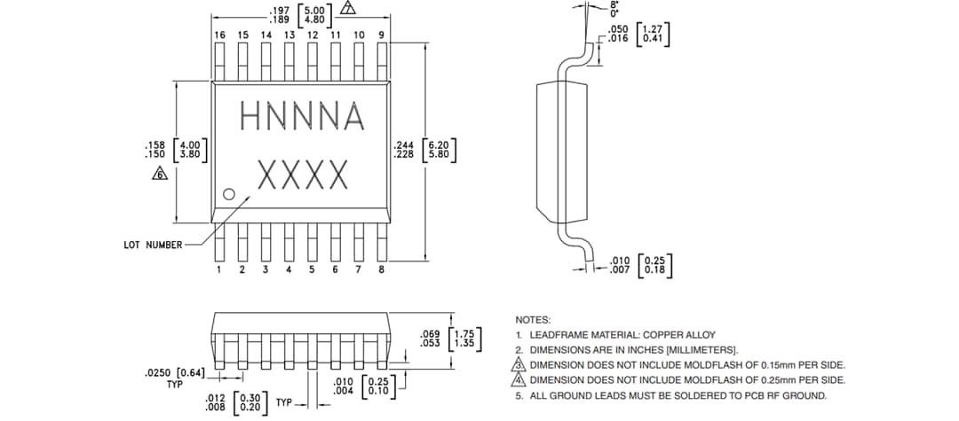 機械図面 - Analog Devices Inc. Analog Devices / Hittite HMC241AQS16E SP4T非反射スイッチ