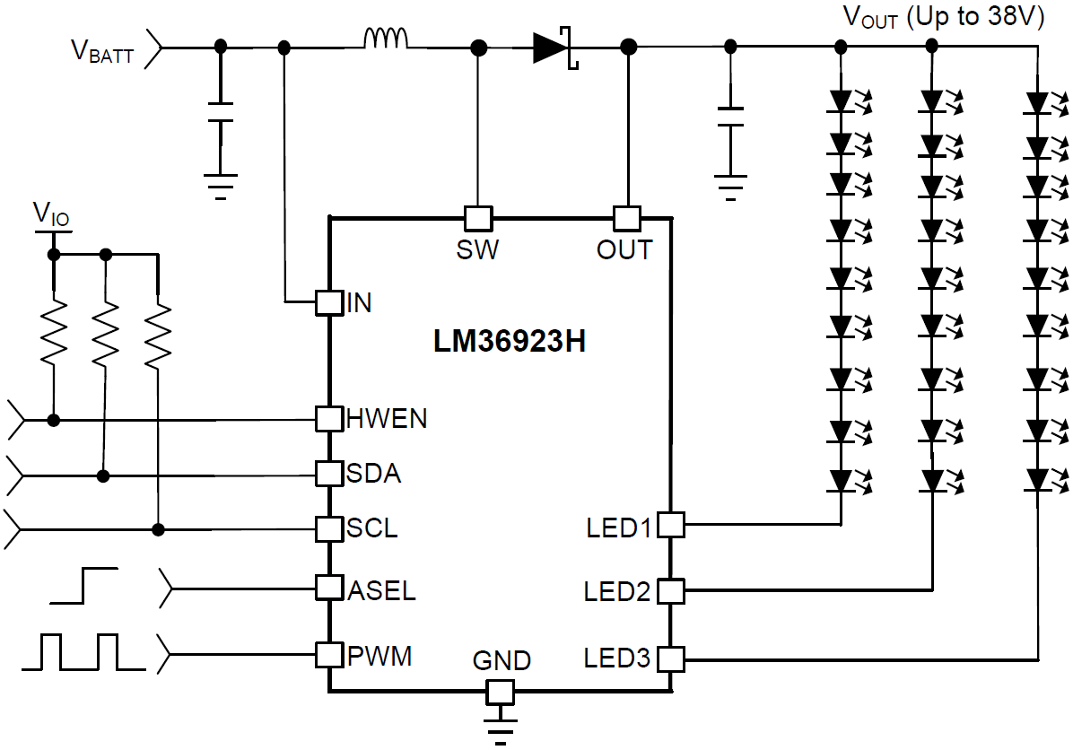 回路図 - Texas Instruments LM36923Hトリプルストリング白色LEDドライバ