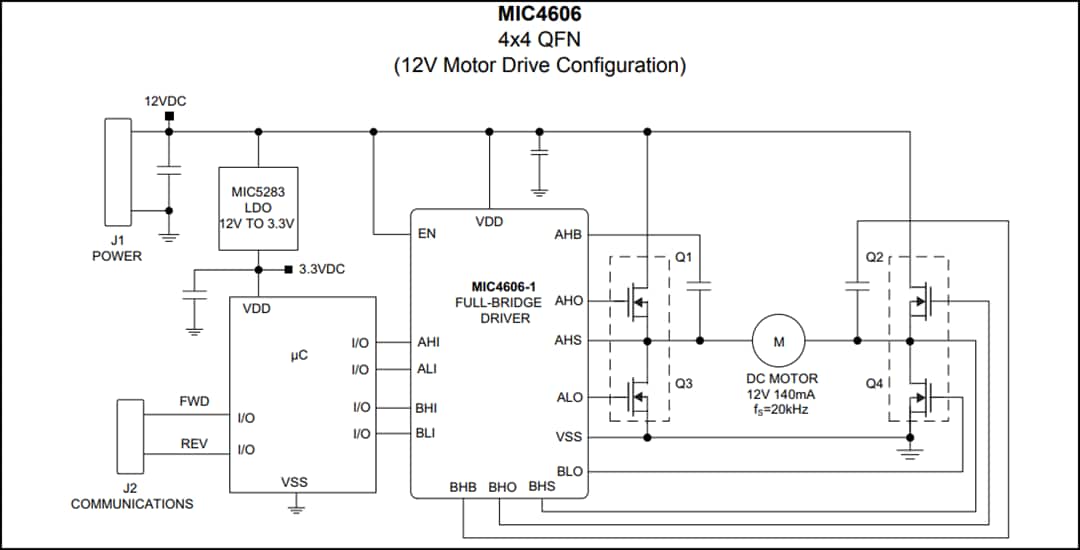 アプリケーション回路図 - Microchip Technology MIC4606 85VフルブリッジMOSFETドライバ