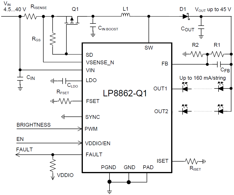 回路図 - Texas Instruments LP8862-Q1 2チャンネルLEDドライバ