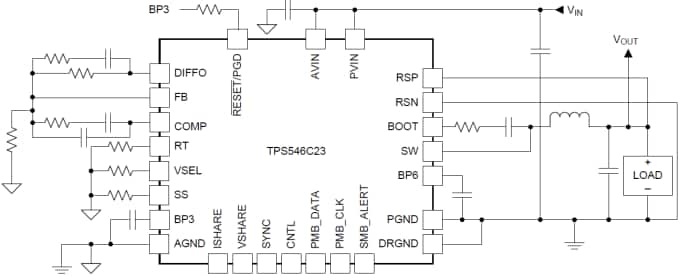 アプリケーション回路図 - Texas Instruments TPS546C23同期整流降圧コンバータ