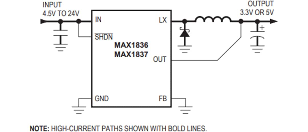 アプリケーション回路図 - Analog Devices / Maxim Integrated MAX1836/MAX1837降圧型コンバータ