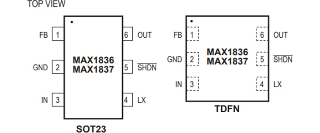 機械図面 - Analog Devices / Maxim Integrated MAX1836/MAX1837降圧型コンバータ