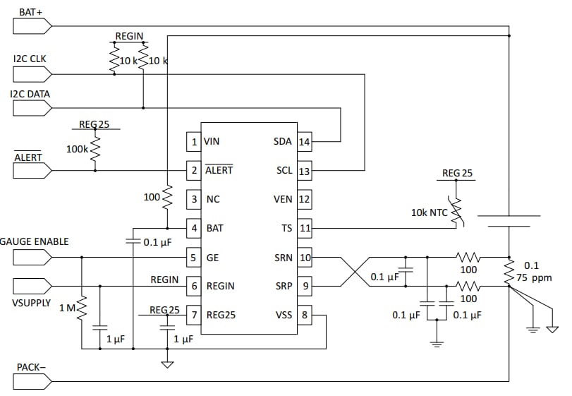 回路図 - Texas Instruments bq35100バッテリ残量ゲージとサービス終了モニタ