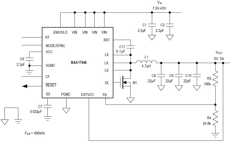 アプリケーション回路図 - Analog Devices / Maxim Integrated MAX17536 & MAX17546降圧型DC-DCコンバータ