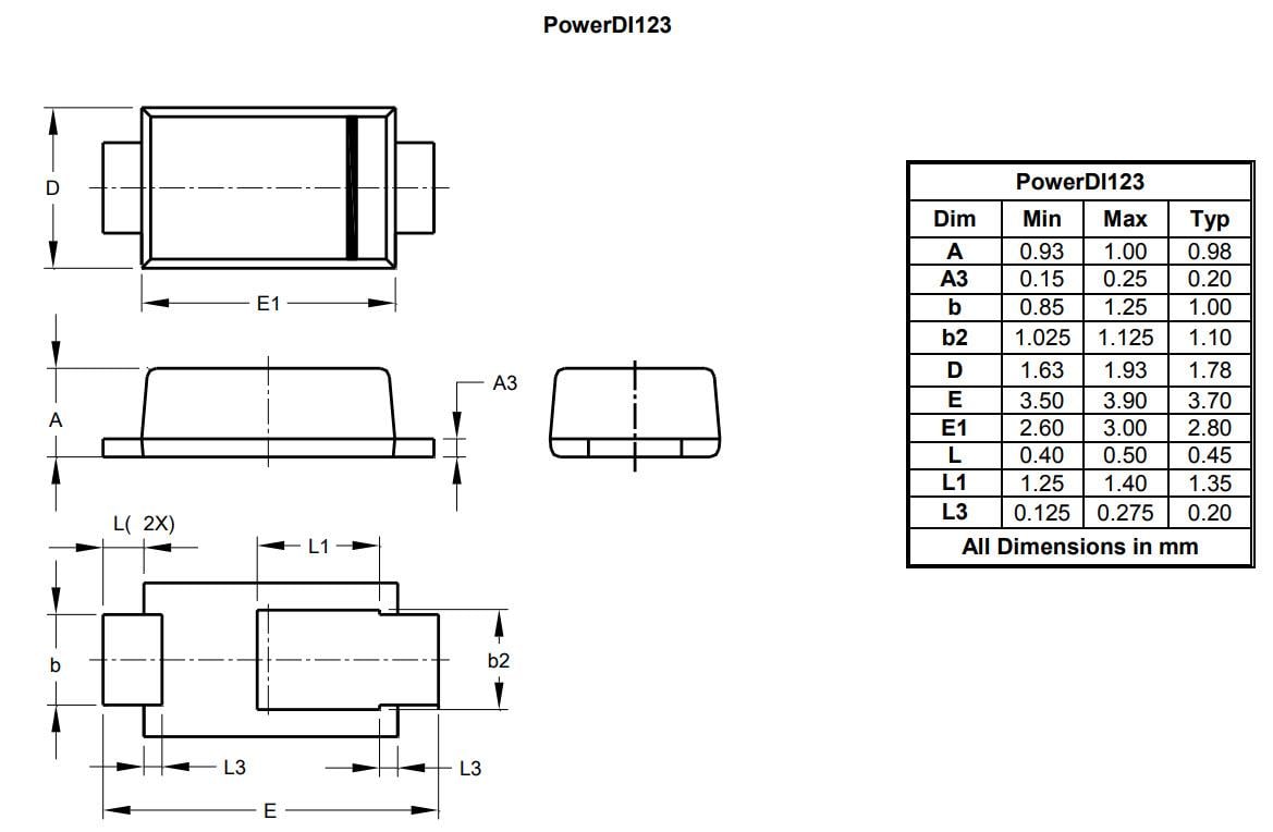 機械図面 - Diodes Incorporated DFLS1150Qショットキーバリア整流器