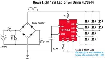 アプリケーション回路図 - onsemi FL77944調光式ハイパワーLEDダイレクトACドライバ