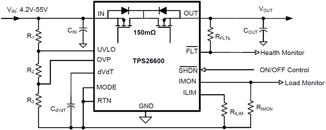 回路図 - Texas Instruments TPS2660x 60V 2A工業用eFuse