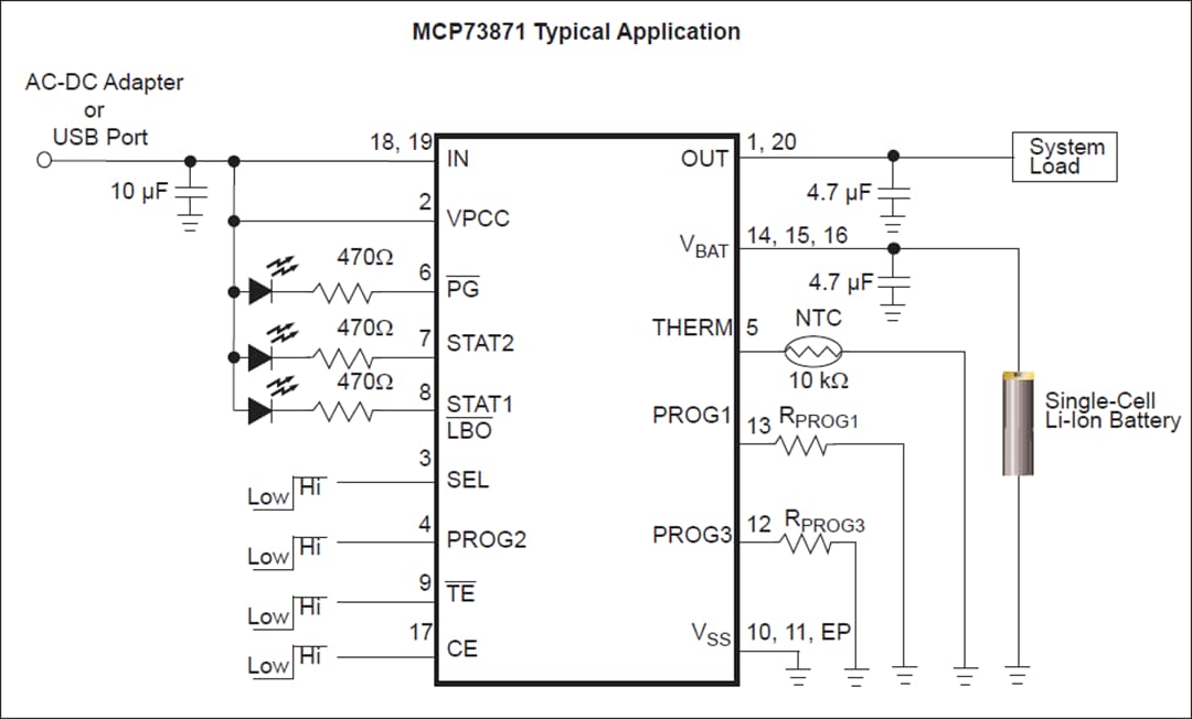 アプリケーション回路図 - Microchip Technology MCP73871バッテリ充電管理コントローラ