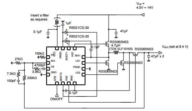 アプリケーション回路図 - ROHM Semiconductor BD8303MUVスイッチング電圧レギュレータ