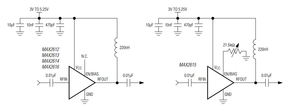 アプリケーション回路図 - Analog Devices / Maxim Integrated MAX2612–MAX2616リニア・ブロードバンド・アンプ