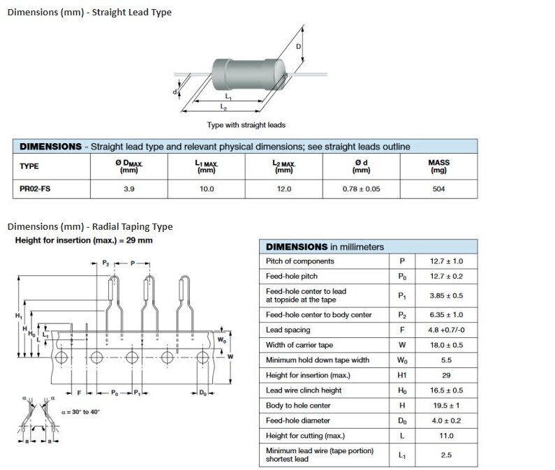 機械図面 - Vishay / BC Components PR02-FSヒューズ機能付き金属皮膜抵抗器