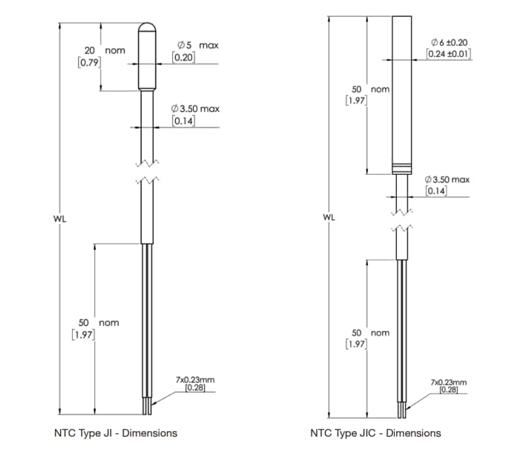 機械図面 - Amphenol Advanced Sensors JI & JIC NTCサーミスタ