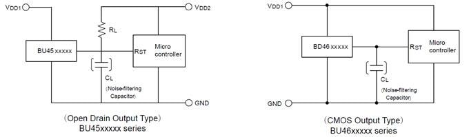 アプリケーション回路図 - ROHM Semiconductor BU45K/BU46Kシリーズ電圧検出器IC