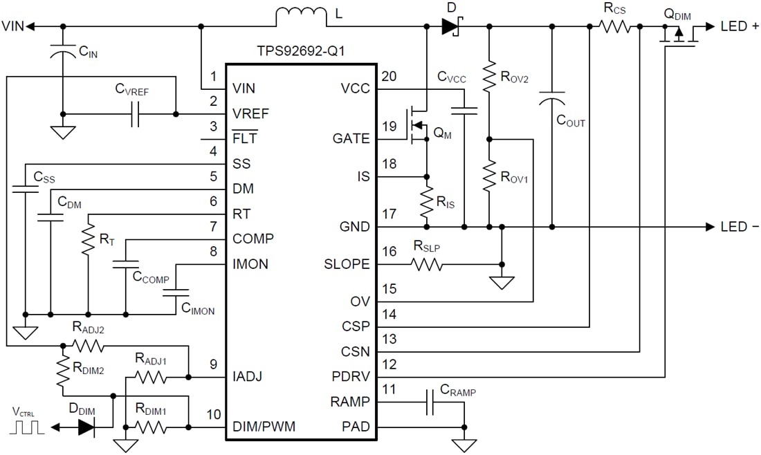アプリケーション回路図 - Texas Instruments TPS92692/TPS92692-Q1 LEDコントローラ