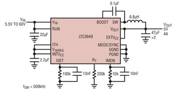 アプリケーション回路図 - Analog Devices Inc. LTC36xx/LTC7149シリーズ降圧型バックレギュレータ
