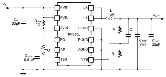 Application Circuit Diagram - Nisshinbo RP510L 4A Forced PWM Step-down DC/DC Converter