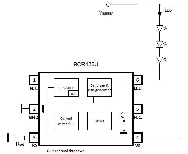 ブロック図 - Infineon Technologies BCR430U低ドロップ電圧LEDドライバIC