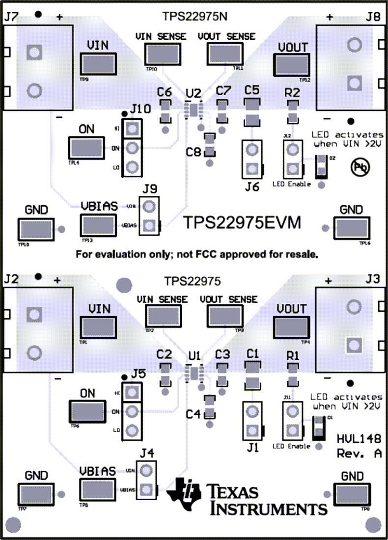 機械図面 - Texas Instruments TPS22975EVM負荷スイッチ評価モジュール（EVM）
