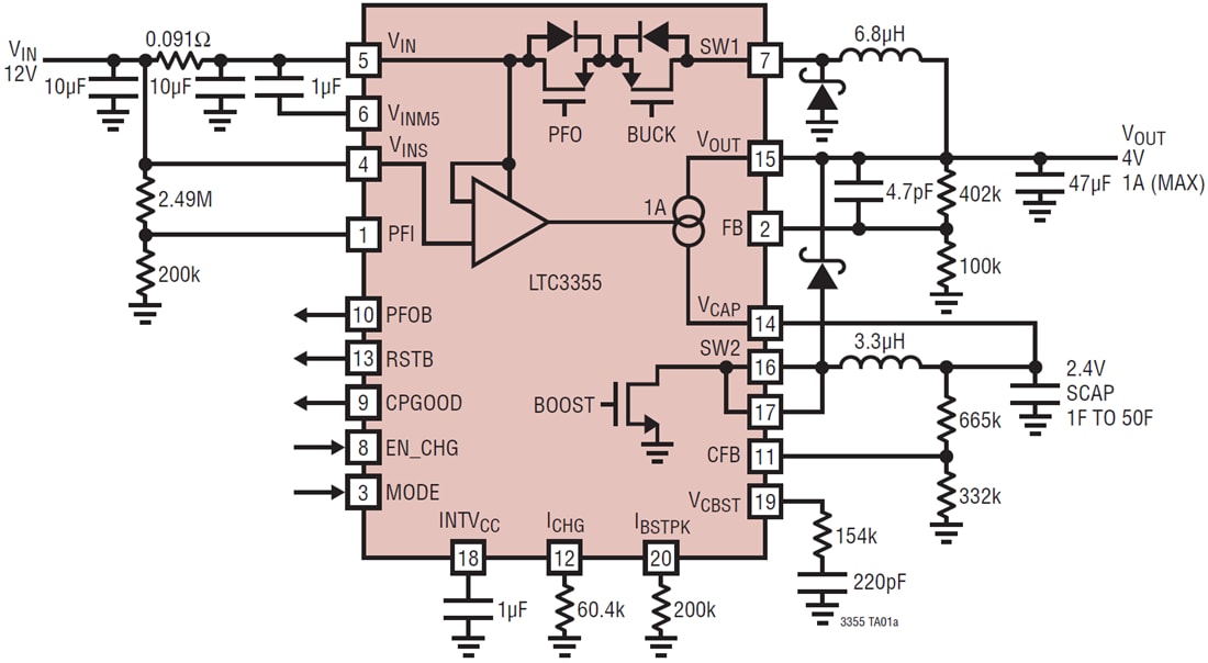 アプリケーション回路図 - Analog Devices Inc. LTC3355統合SCAP充電器搭載バックDC/DC