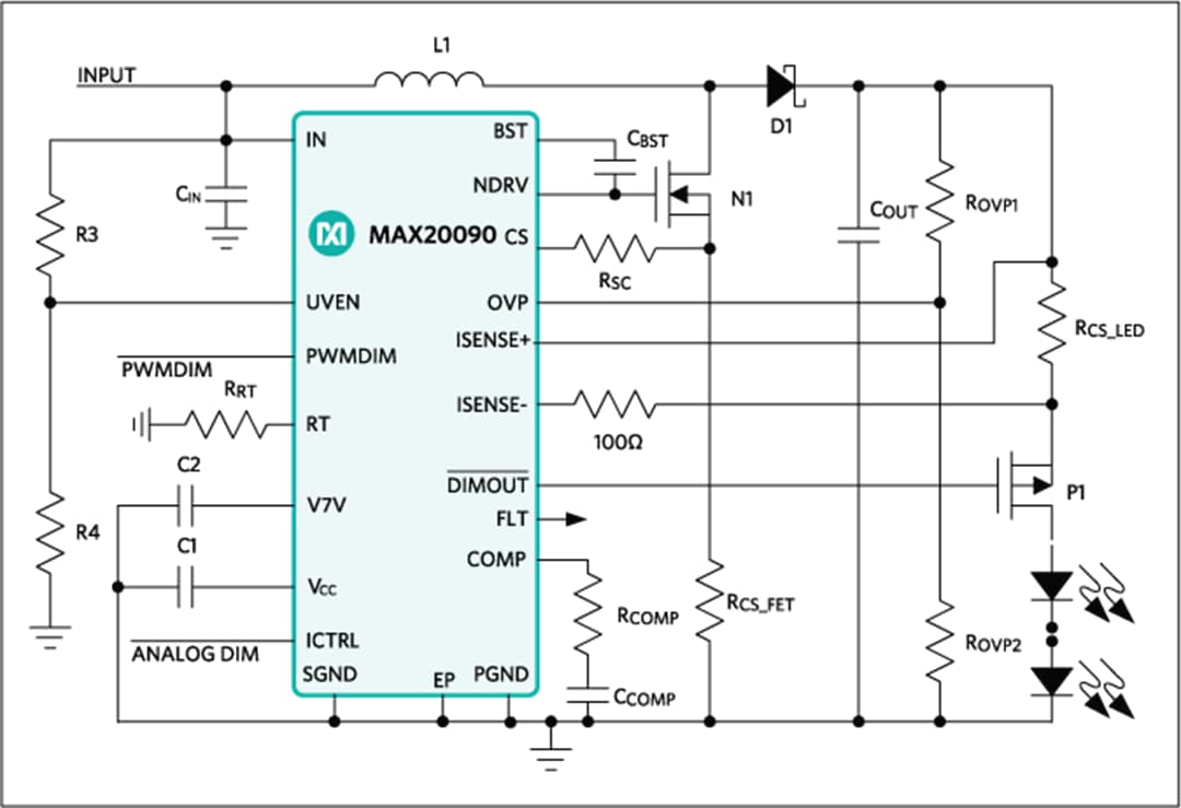 アプリケーション回路図 - Analog Devices / Maxim Integrated MAX20090高電圧HB LEDコントローラ