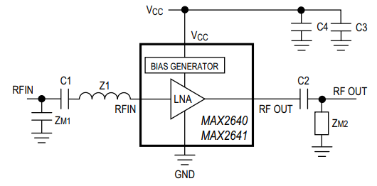 アプリケーション回路図 - Analog Devices / Maxim Integrated MAX2640/MAX264 SiGe超低ノイズアンプ