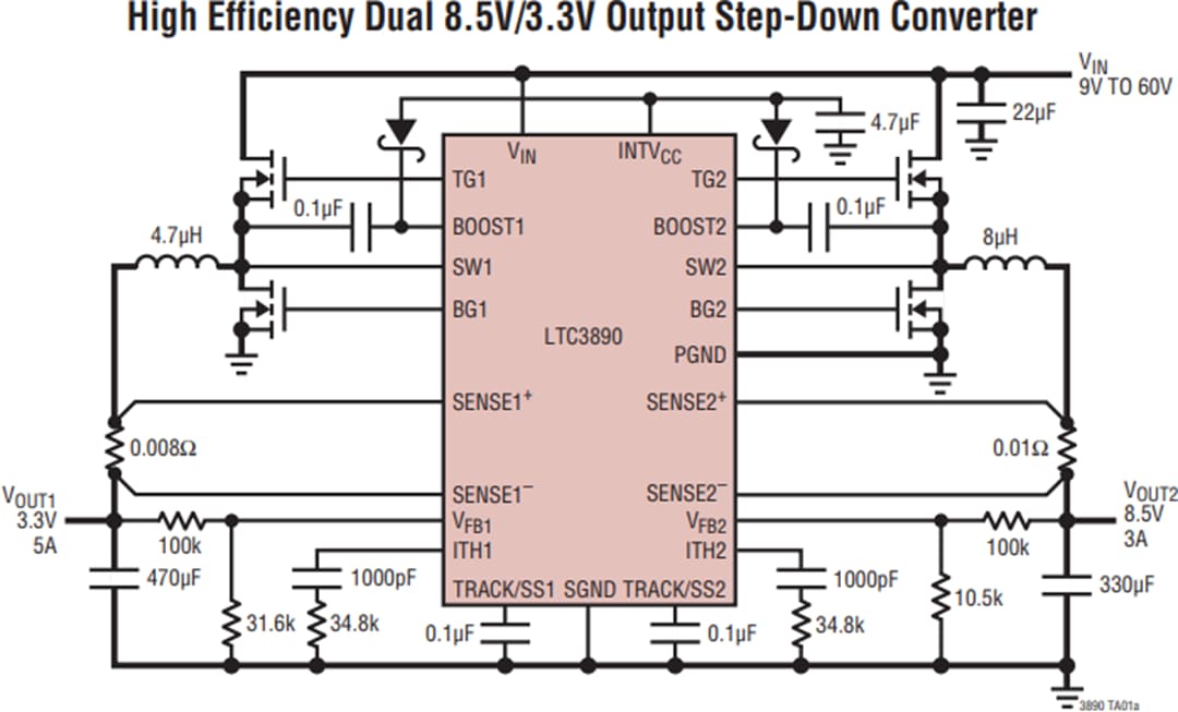 アプリケーション回路図 - Analog Devices Inc. LTC389x同期DC/DCコントローラ