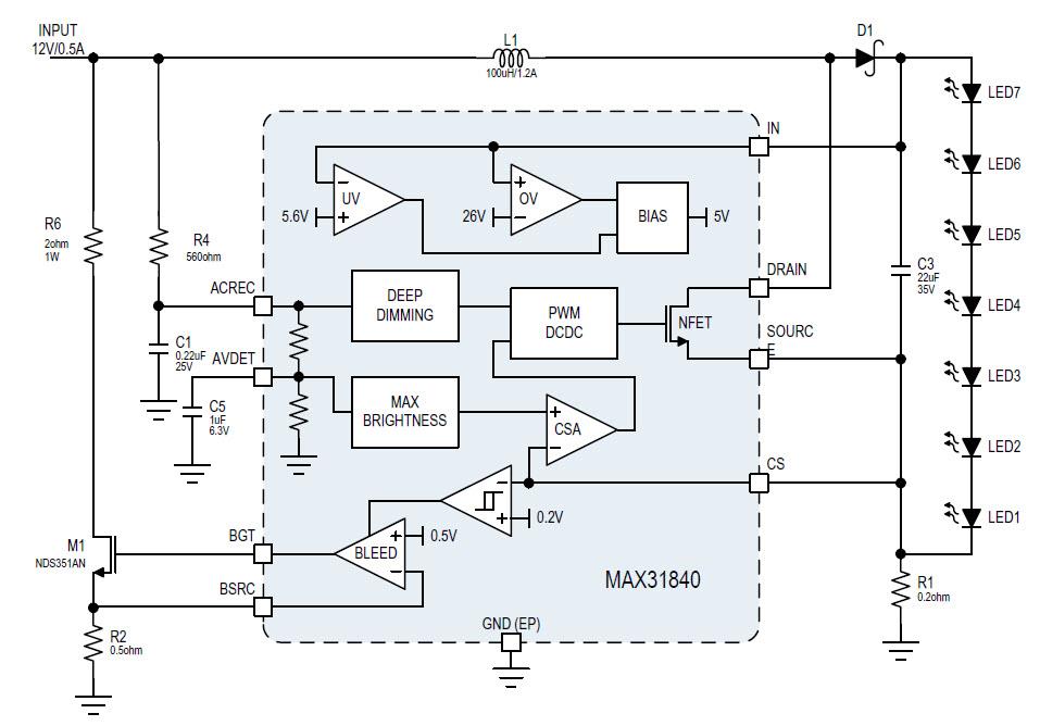 ブロック図 - Analog Devices / Maxim Integrated MAX31840 MR16 LEDドライバ