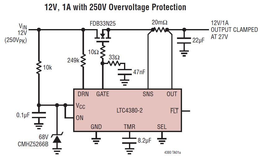 アプリケーション回路図 - Analog Devices Inc. LTC4380自己消費電流サージストッパ