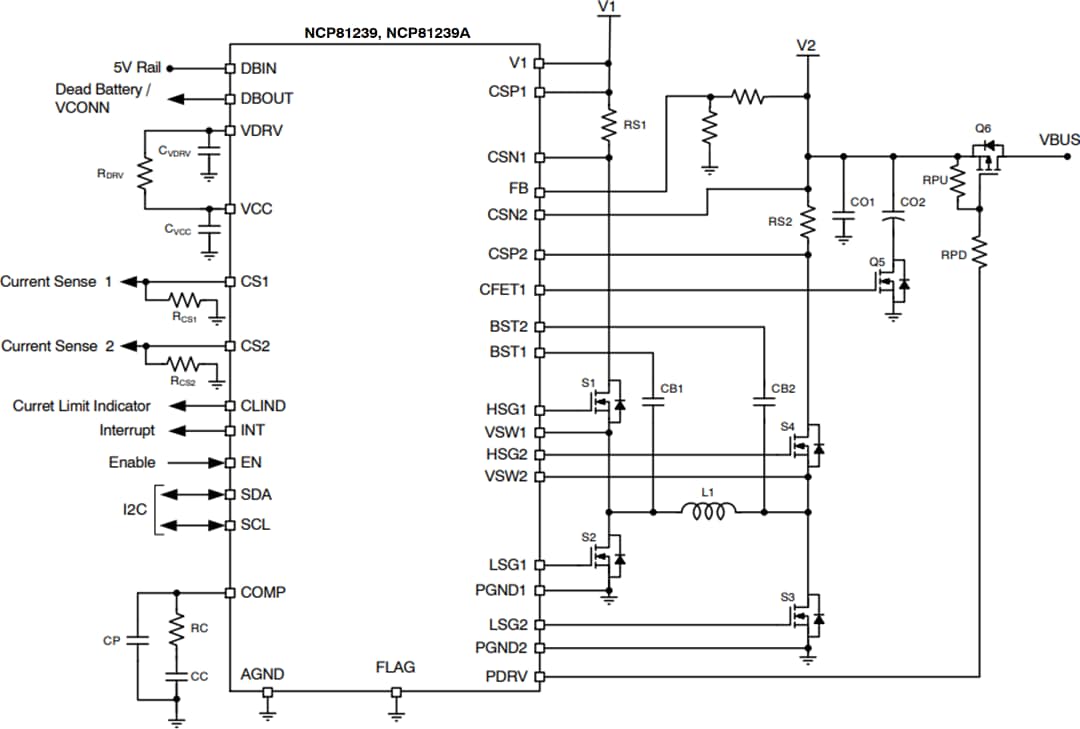 アプリケーション回路図 - onsemi NCP81239/A USB PDコントローラ