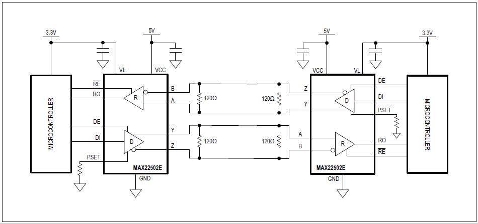アプリケーション回路図 - Analog Devices / Maxim Integrated MAX22502E RS-485/RS-422トランシーバ