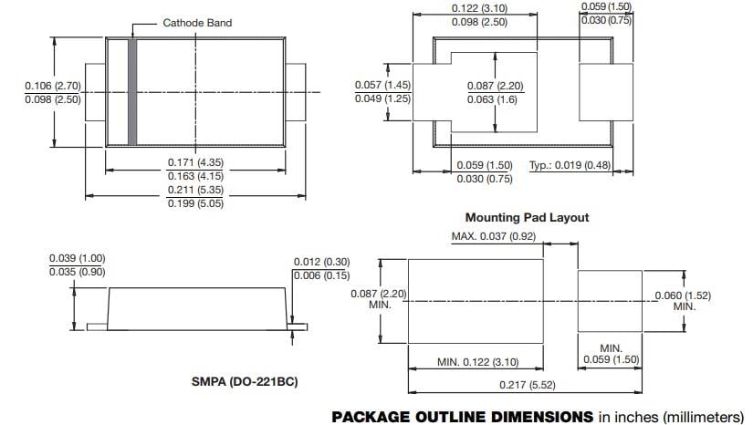 機械図面 - Vishay General Semiconductor SMPA標準整流器