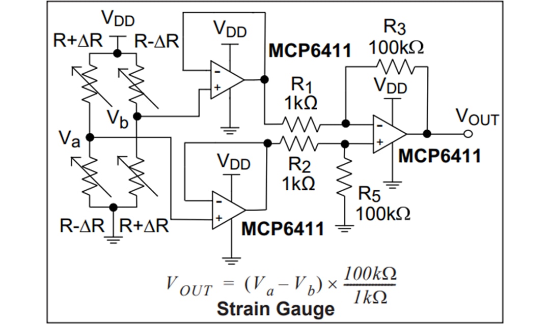 アプリケーション回路図 - Microchip Technology MCP6411 1MHzオペレーショナルアンプ