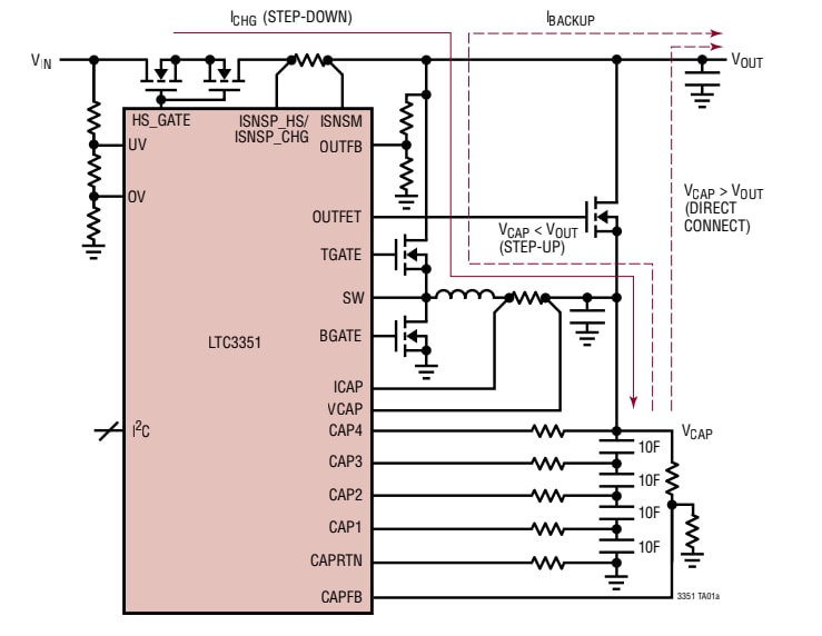 アプリケーション回路図 - Analog Devices Inc. LTC335x大電流スーパーコンデンサ充電器
