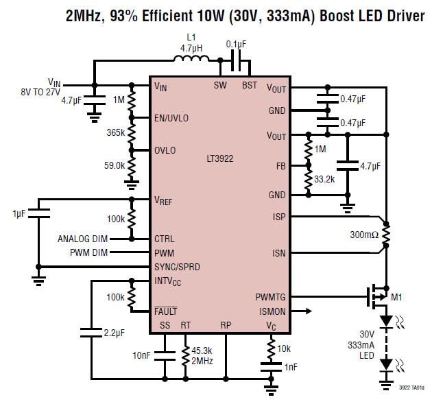 ブロック図 - Analog Devices Inc. LT3922 2A同期昇圧LEDドライバ
