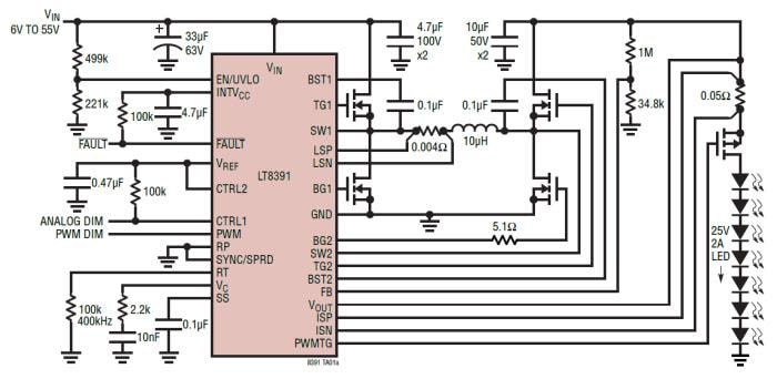 アプリケーション回路図 - Analog Devices Inc. LT8391同期バックブーストLEDコントローラ