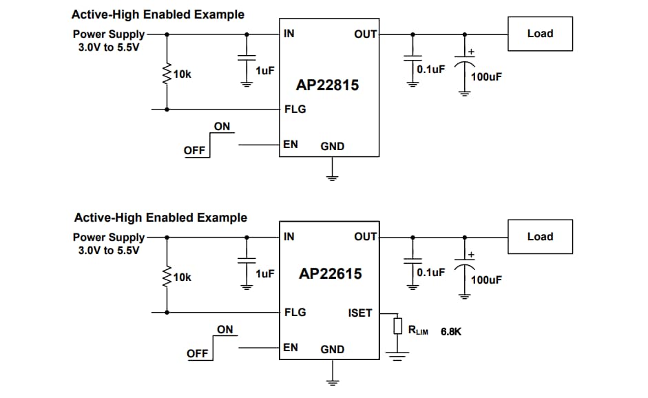 アプリケーション回路図 - Diodes Incorporated AP22815/AP22615配電負荷スイッチ