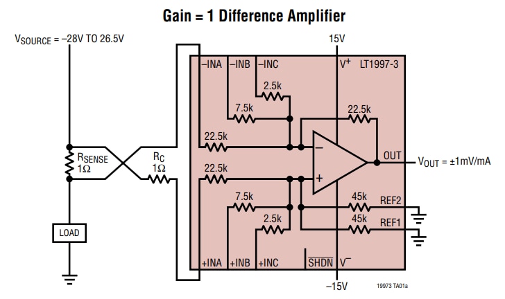 Analog Devices Inc. LT1997の広い電圧ゲイン選択可能アンプ
